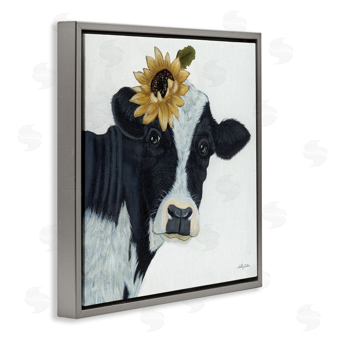 Ashley Justice Cow Portrait Sunflower Blossom Farmhouse Gray Floating Frame Canvas Wall Art Print