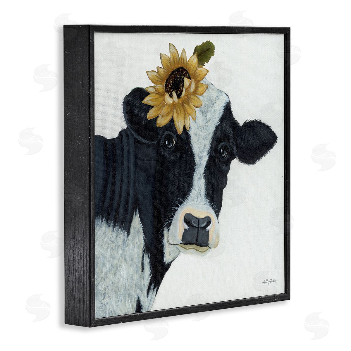 Ashley Justice Cow Portrait Sunflower Blossom Farmhouse Black Framed Glicee Wall Art Print