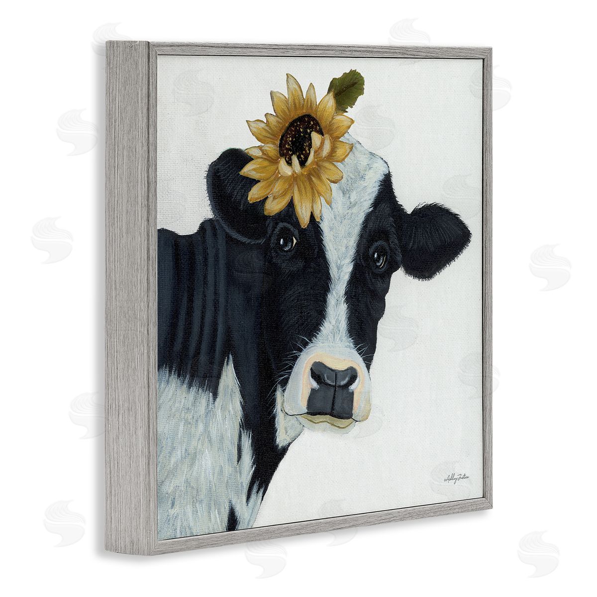 Ashley Justice Cow Portrait Sunflower Blossom Farmhouse Gray Framed Glicee Wall Art Print
