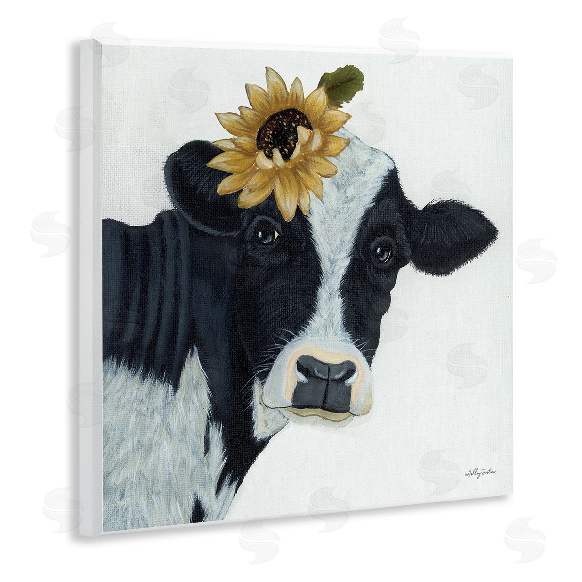 Ashley Justice Cow Portrait Sunflower Blossom Farmhouse Wooden Wall Plaque Art Print