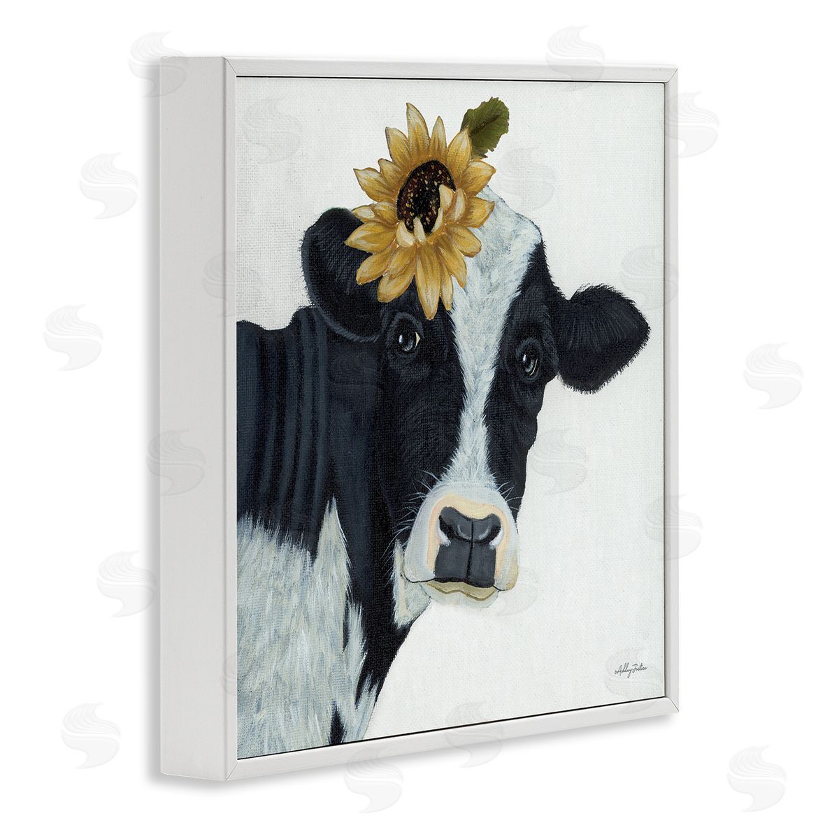 Ashley Justice Cow Portrait Sunflower Blossom Farmhouse White Framed Glicee Wall Art Print