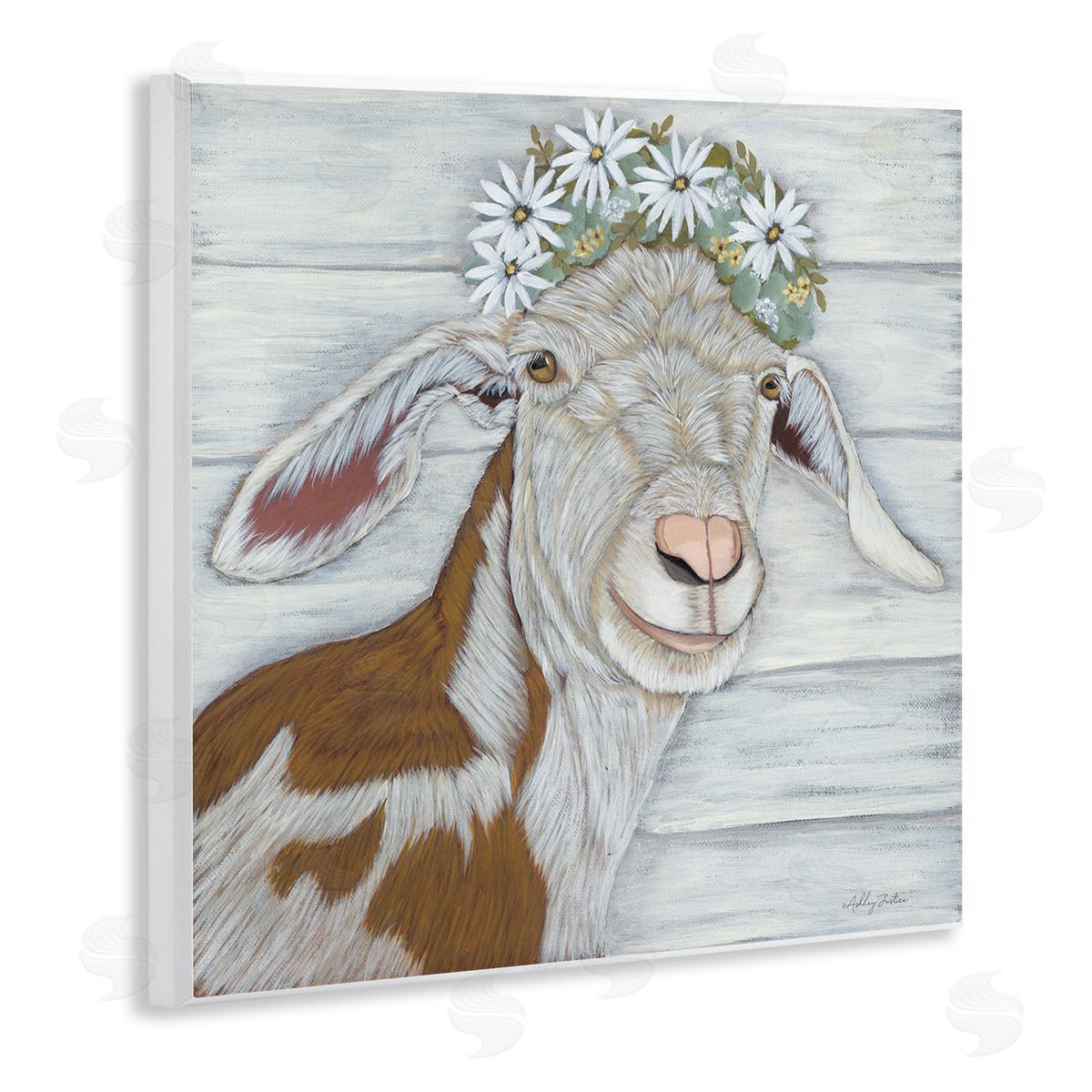 Ashley Justice Country Goat Daisy Flower Crown Wooden Wall Plaque Art Print