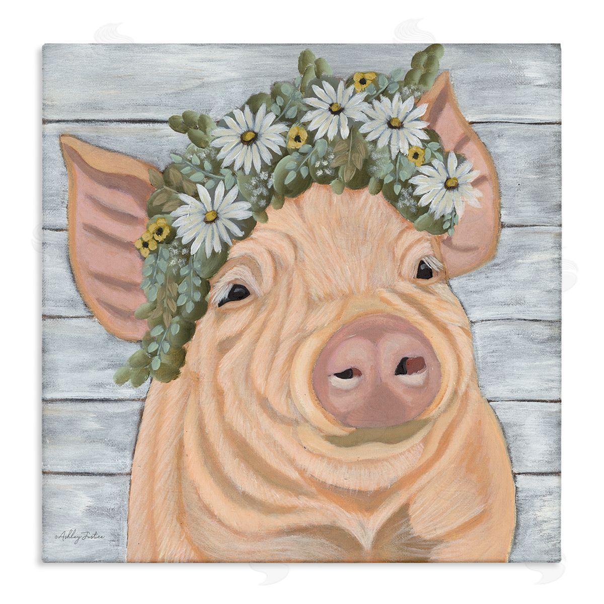 Ashley Justice Happy Pig Daisy Blossom Crown Stretched Canvas Wall Art Print