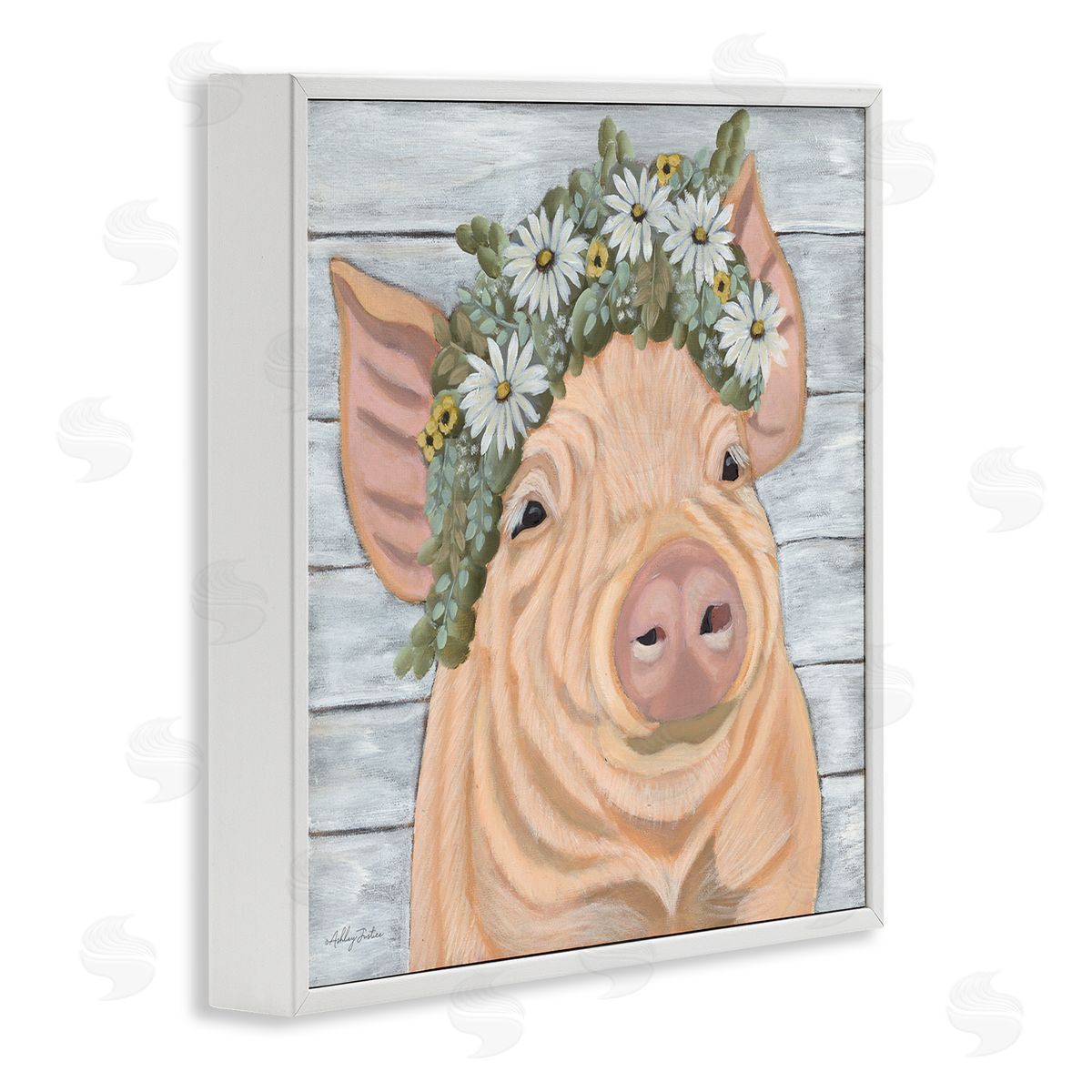 Ashley Justice Happy Pig Daisy Blossom Crown White Framed Glicee Wall Art Print