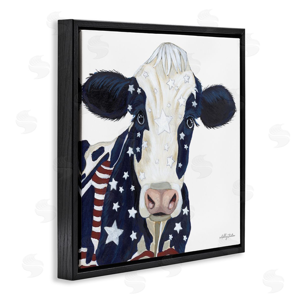 Ashley Justice Country Americana Cow Flag Pattern Black Floating Frame Canvas Wall Art Print