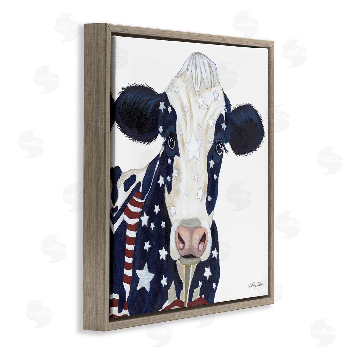 Ashley Justice Country Americana Cow Flag Pattern Brown Floating Frame Canvas Wall Art Print