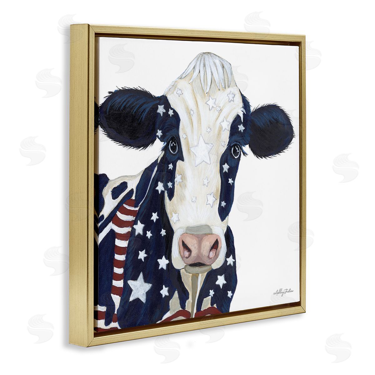 Ashley Justice Country Americana Cow Flag Pattern Gold Floating Frame Canvas Wall Art Print