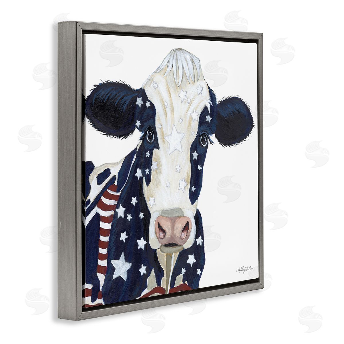 Ashley Justice Country Americana Cow Flag Pattern Gray Floating Frame Canvas Wall Art Print