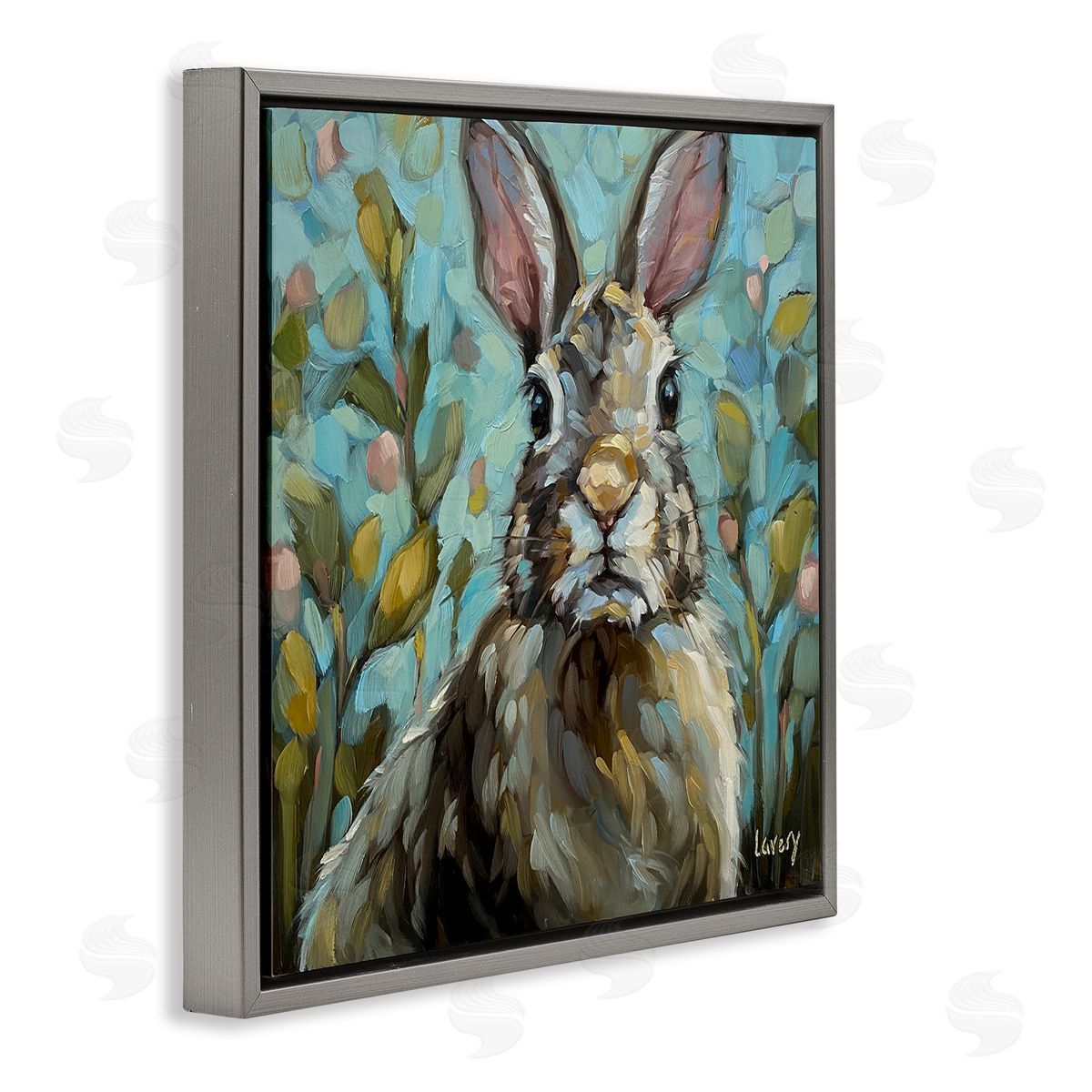 Andrea Lavery Rabbit Portrait Botanical Blooms Gray Floating Frame Canvas Wall Art Print