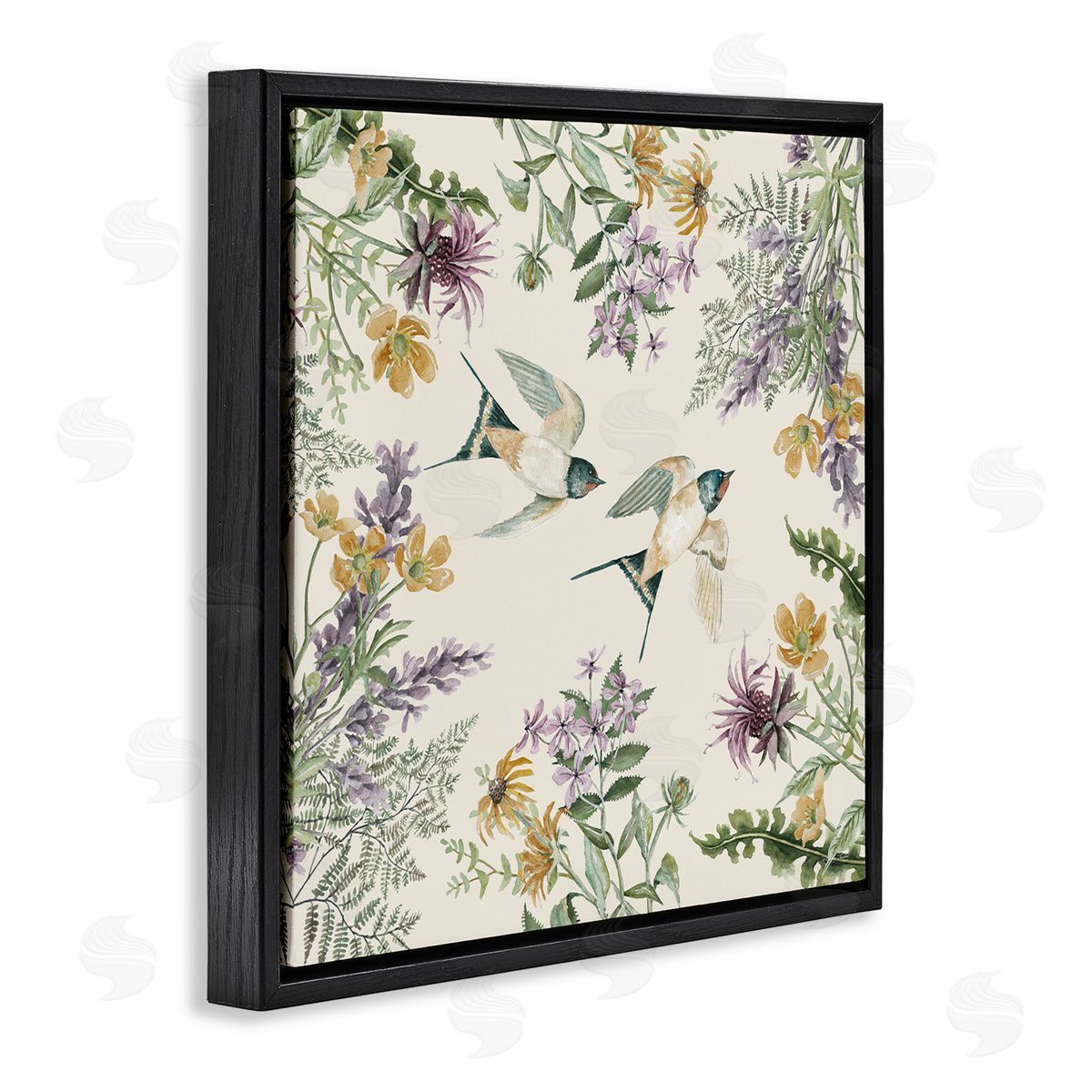 Cindy Jacobs Two Birds Cottage Floral Herbs Black Floating Frame Canvas Wall Art Print