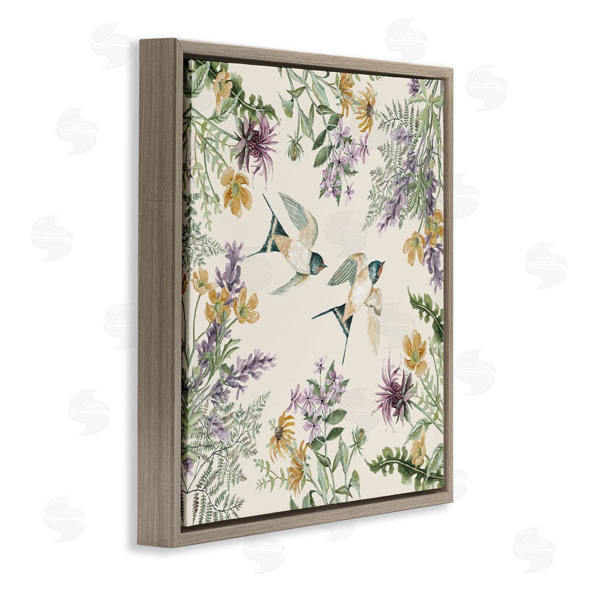 Cindy Jacobs Two Birds Cottage Floral Herbs Brown Floating Frame Canvas Wall Art Print