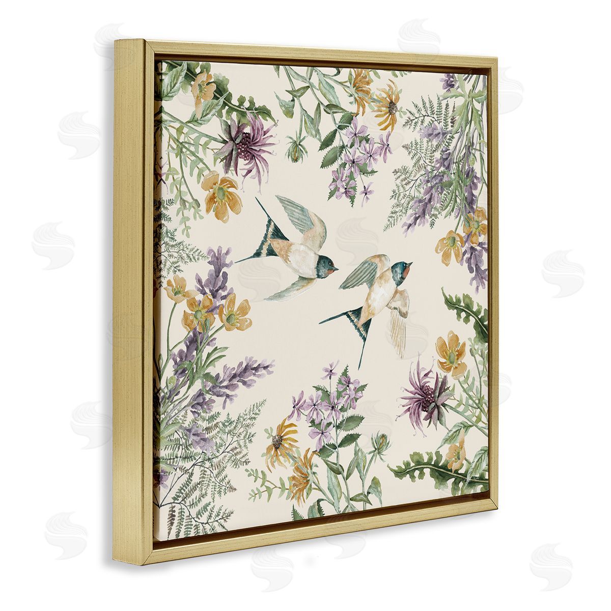 Cindy Jacobs Two Birds Cottage Floral Herbs Gold Floating Frame Canvas Wall Art Print