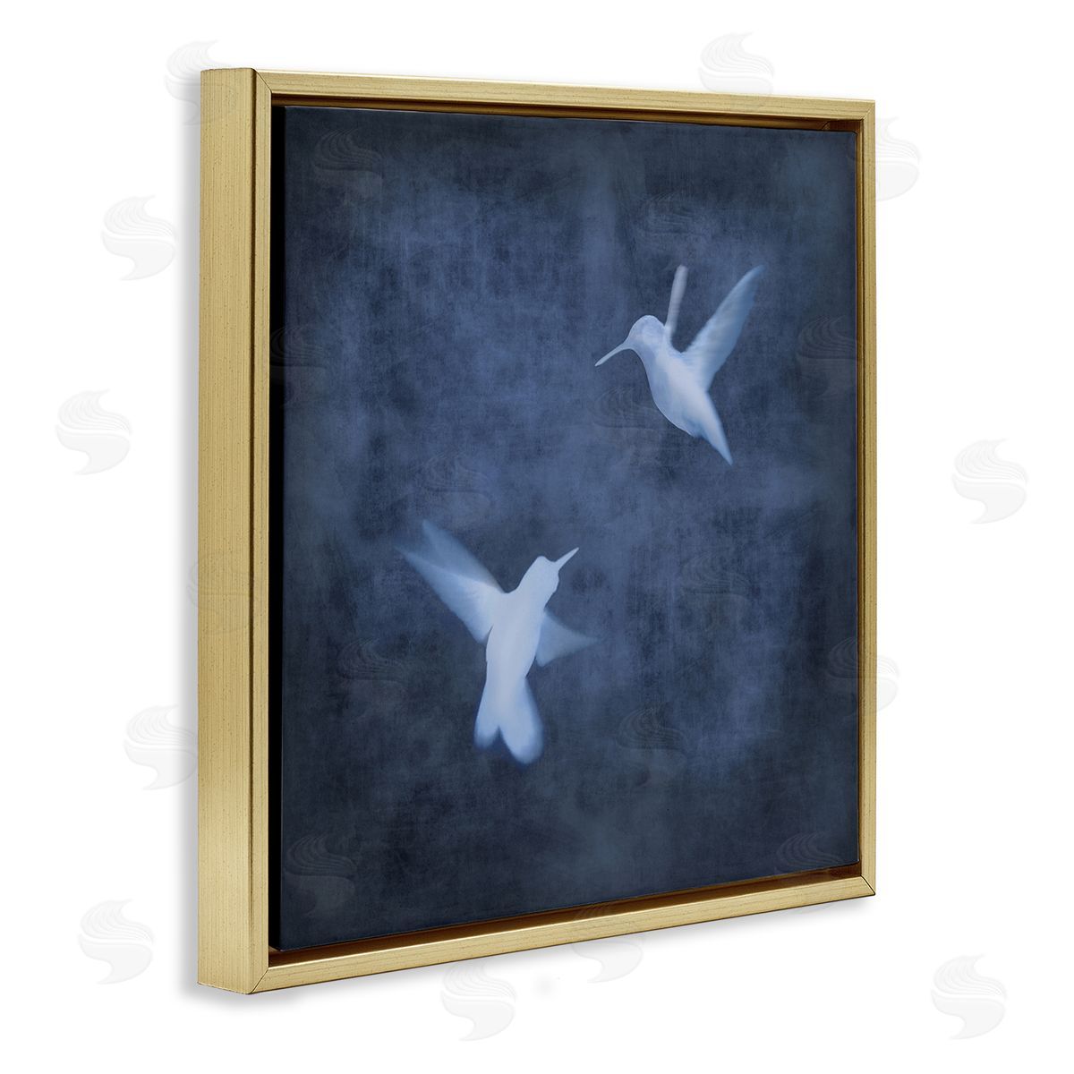 Chris Donovan Abstract Blue Hummingbirds Silhouettes Gold Floating Frame Canvas Wall Art Print