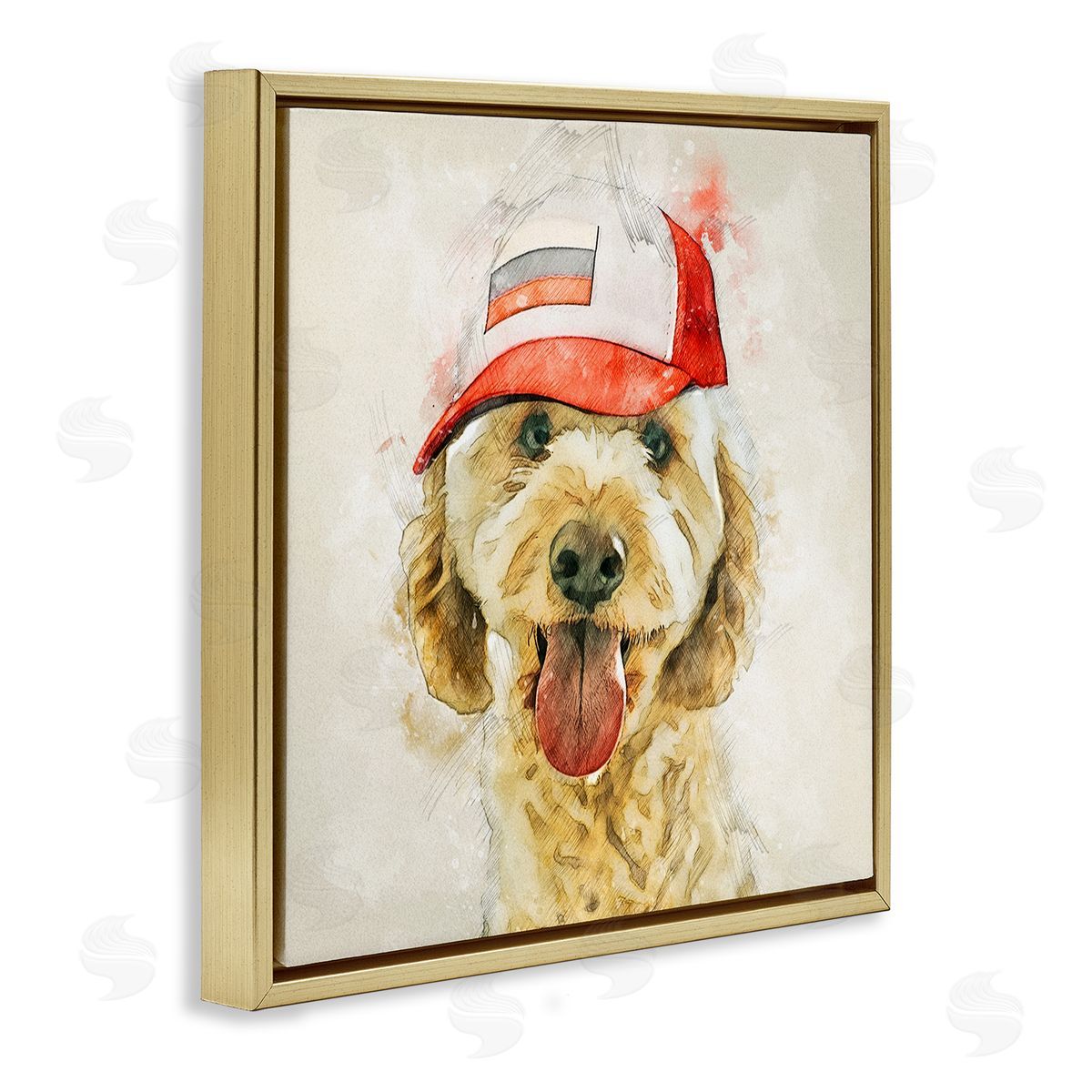 Kim Curinga Fun Dog Flag Stripes Hat  Gold Floating Frame Canvas Wall Art Print