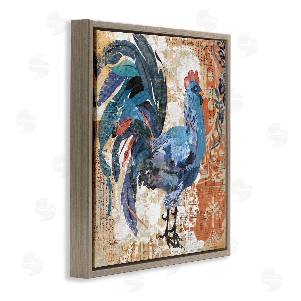 Evelia Designs Vintage Rooster Floral Collage Brown Floating Frame Canvas Wall Art Print