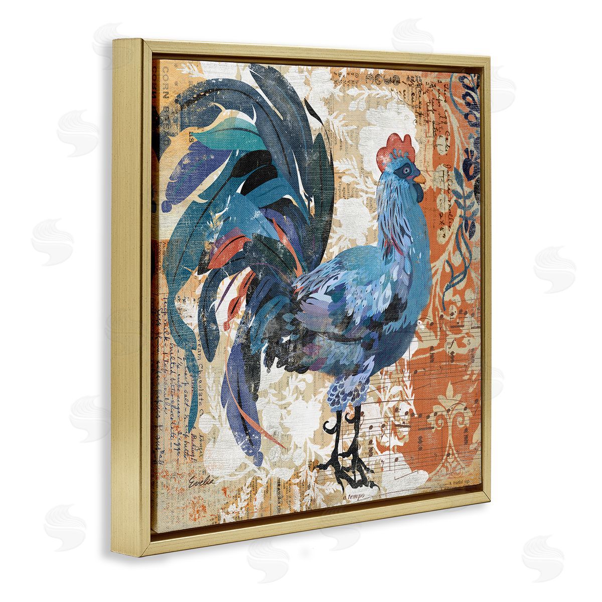 Evelia Designs Vintage Rooster Floral Collage Gold Floating Frame Canvas Wall Art Print