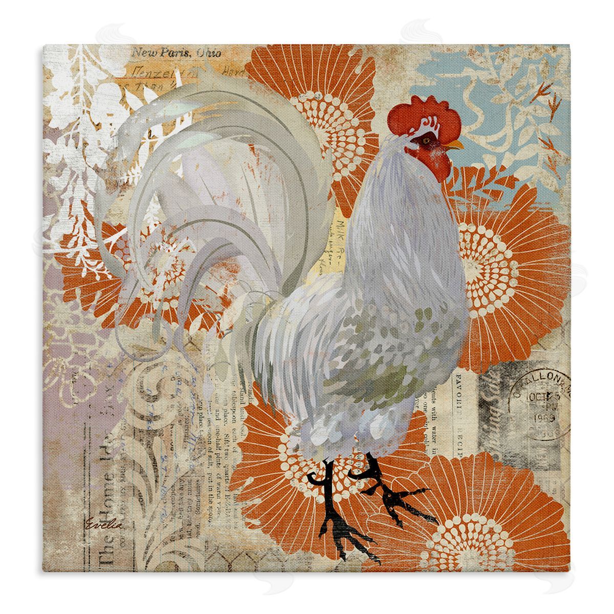 Evelia Designs Floral Chicken Kitchen Collage Stretched Canvas Wall Art Print