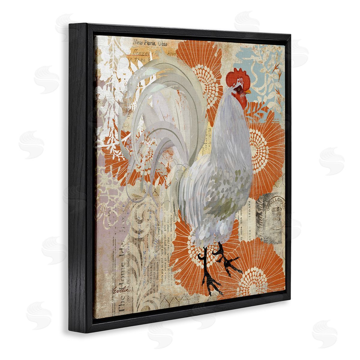 Evelia Designs Floral Chicken Kitchen Collage Black Floating Frame Canvas Wall Art Print