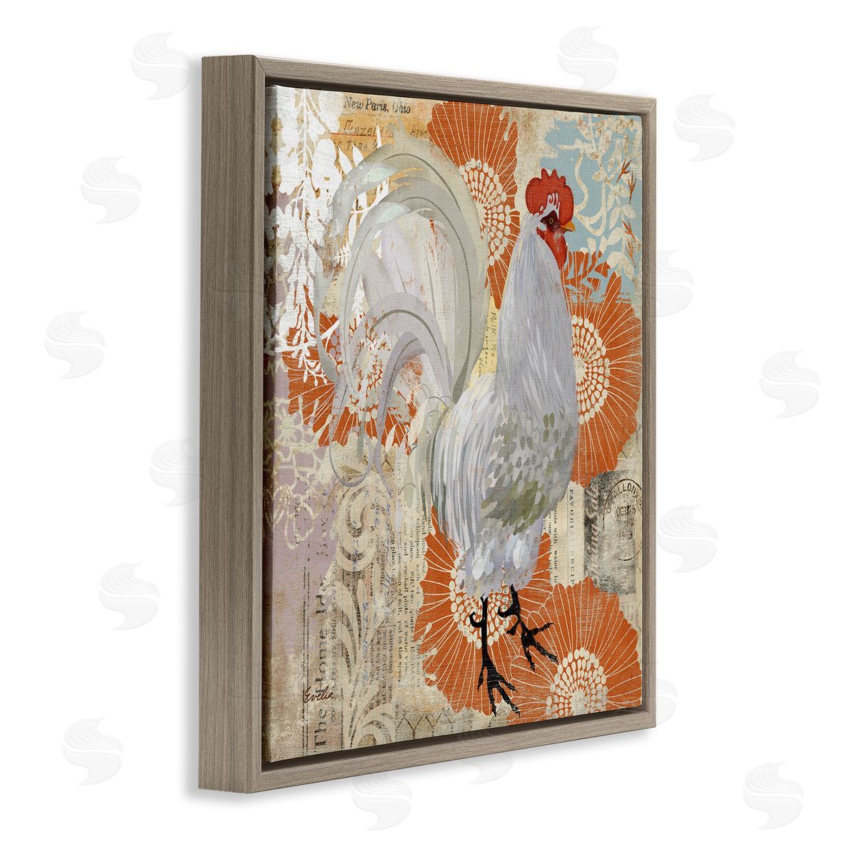 Evelia Designs Floral Chicken Kitchen Collage Brown Floating Frame Canvas Wall Art Print