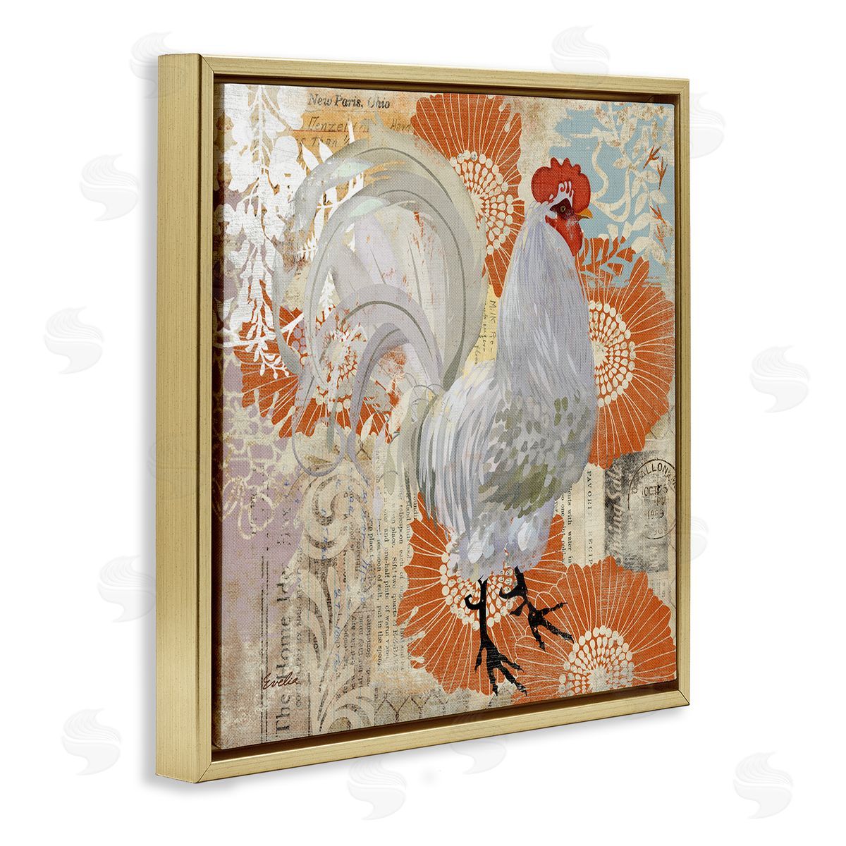 Evelia Designs Floral Chicken Kitchen Collage Gold Floating Frame Canvas Wall Art Print