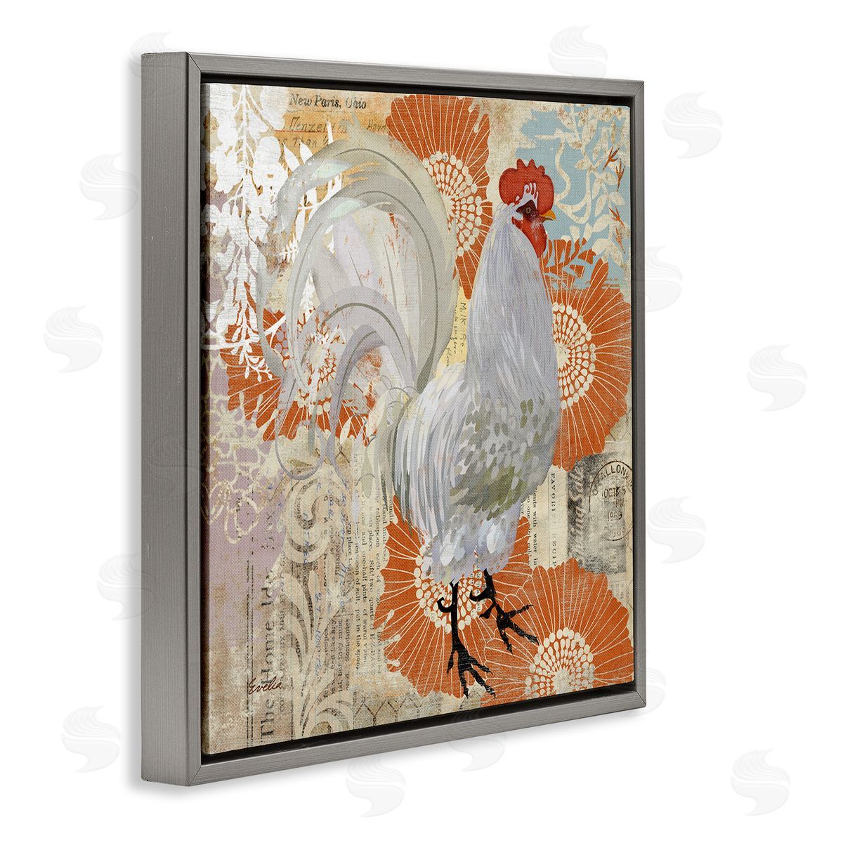 Evelia Designs Floral Chicken Kitchen Collage Gray Floating Frame Canvas Wall Art Print