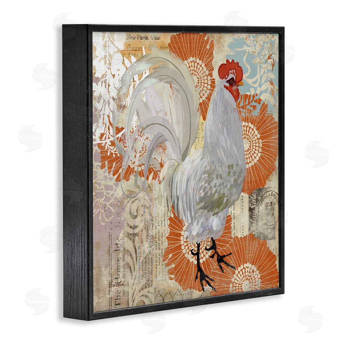 Evelia Designs Floral Chicken Kitchen Collage Black Framed Glicee Wall Art Print