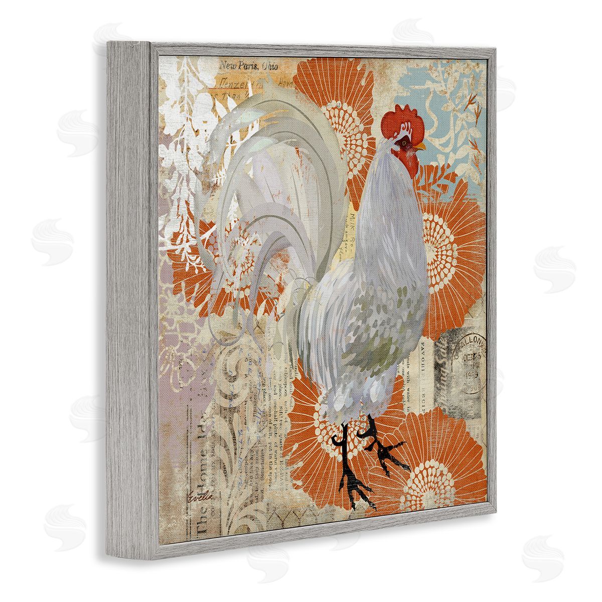 Evelia Designs Floral Chicken Kitchen Collage Gray Framed Glicee Wall Art Print