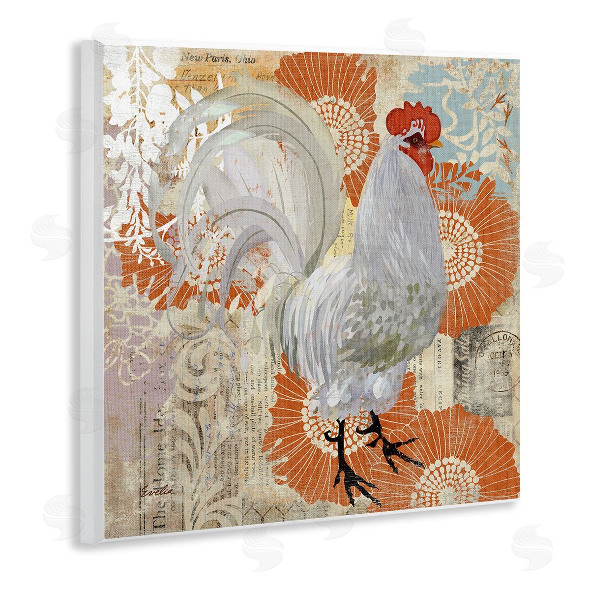 Evelia Designs Floral Chicken Kitchen Collage Wooden Wall Plaque Art Print
