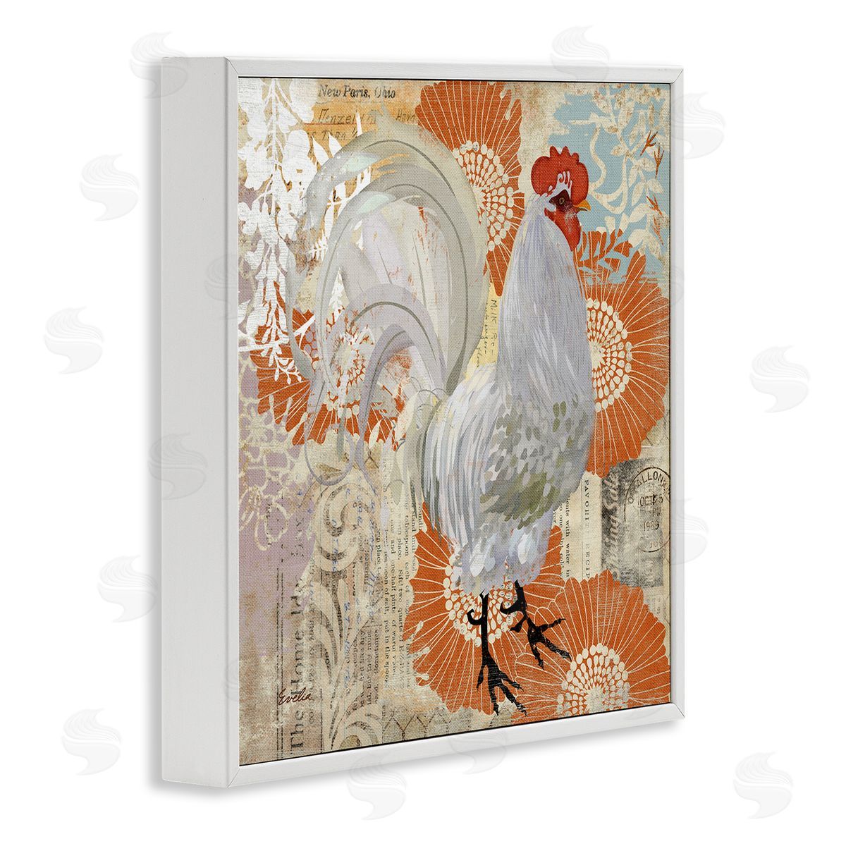 Evelia Designs Floral Chicken Kitchen Collage White Framed Glicee Wall Art Print