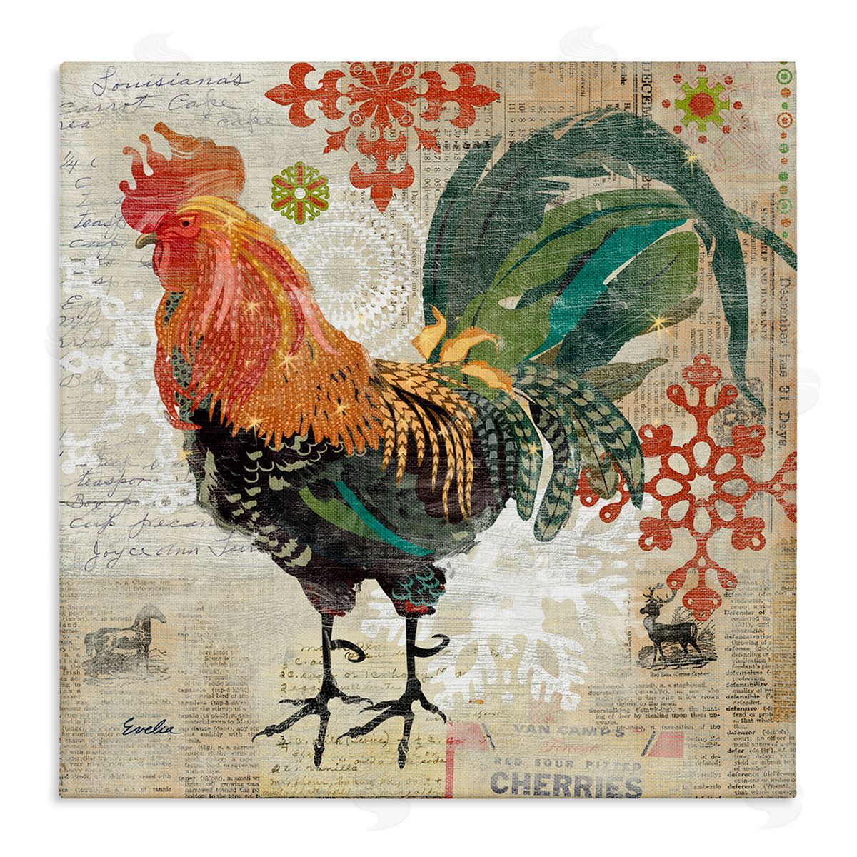 Evelia Designs Kitchen Rooster Farmhouse Collage Stretched Canvas Wall Art Print