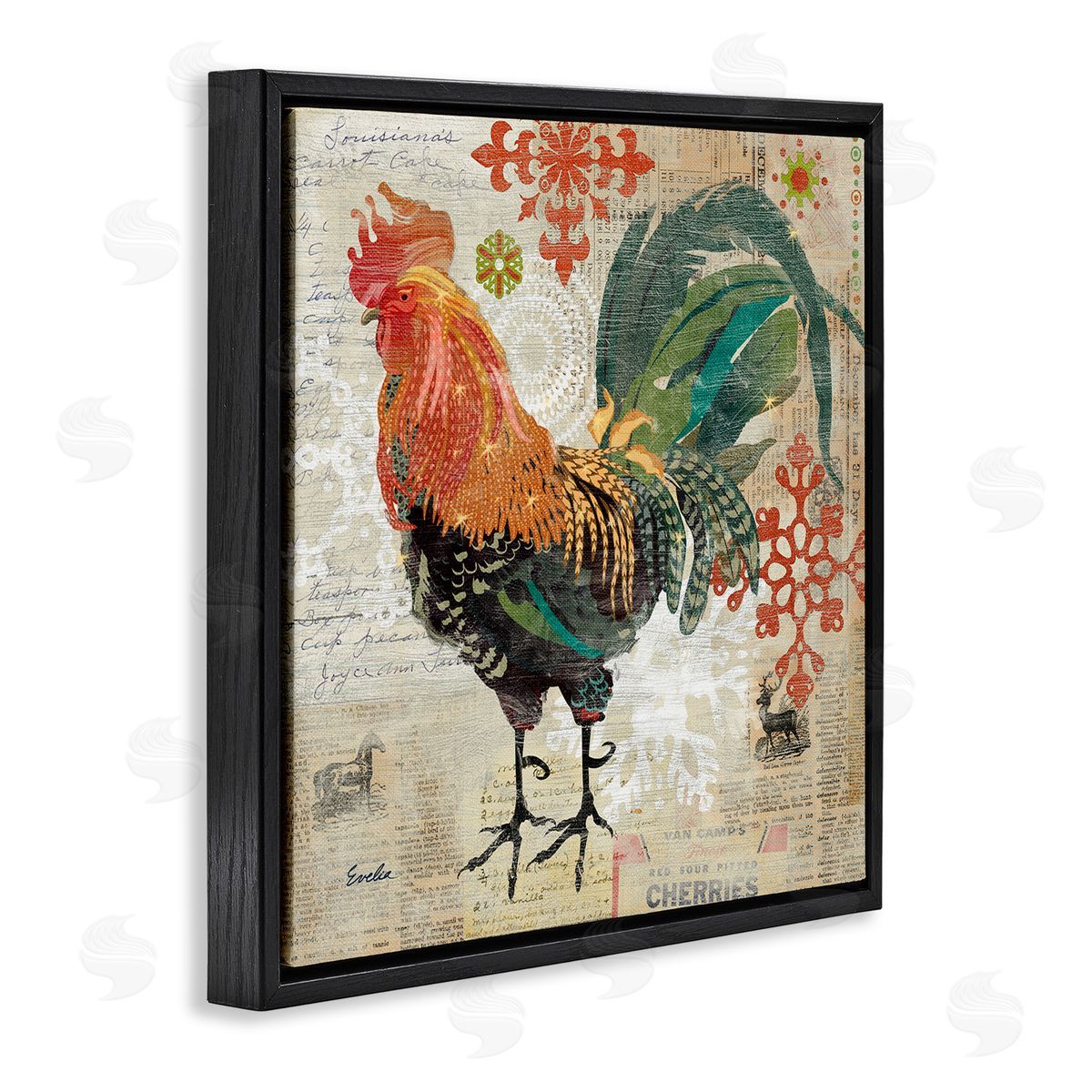 Evelia Designs Kitchen Rooster Farmhouse Collage Black Floating Frame Canvas Wall Art Print