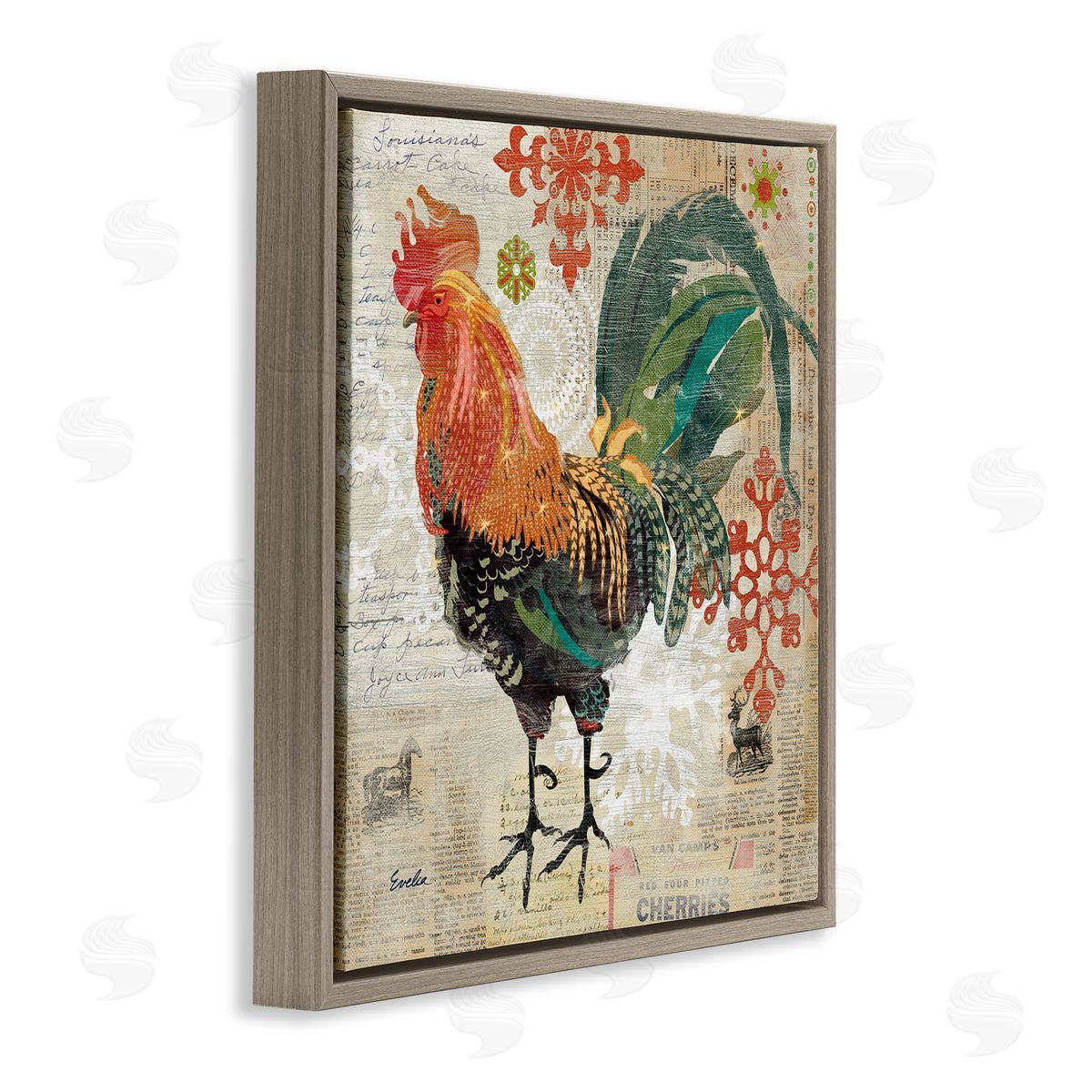 Evelia Designs Kitchen Rooster Farmhouse Collage Brown Floating Frame Canvas Wall Art Print