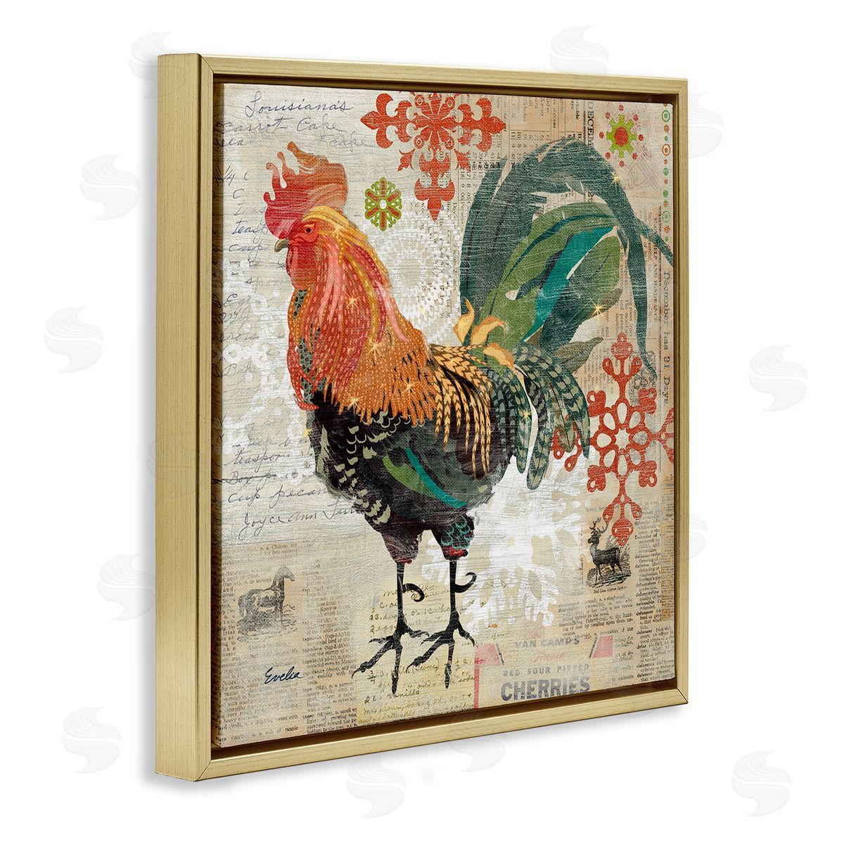 Evelia Designs Kitchen Rooster Farmhouse Collage Gold Floating Frame Canvas Wall Art Print