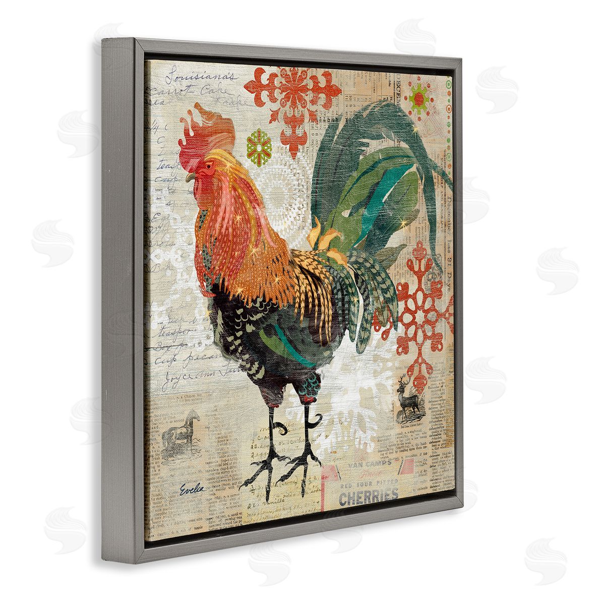 Evelia Designs Kitchen Rooster Farmhouse Collage Gray Floating Frame Canvas Wall Art Print