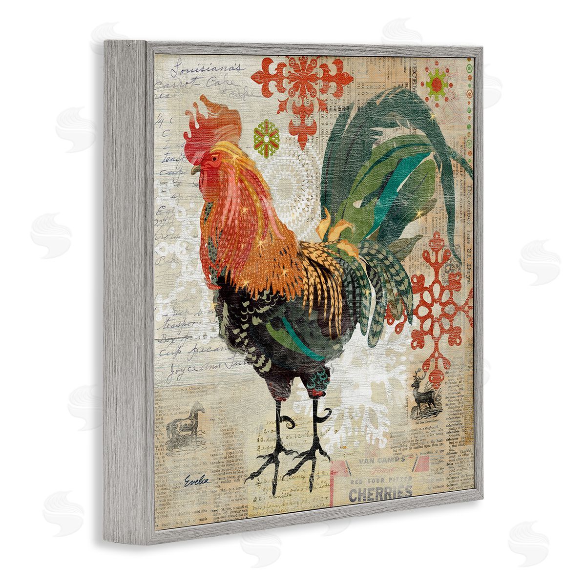 Evelia Designs Kitchen Rooster Farmhouse Collage Gray Framed Glicee Wall Art Print