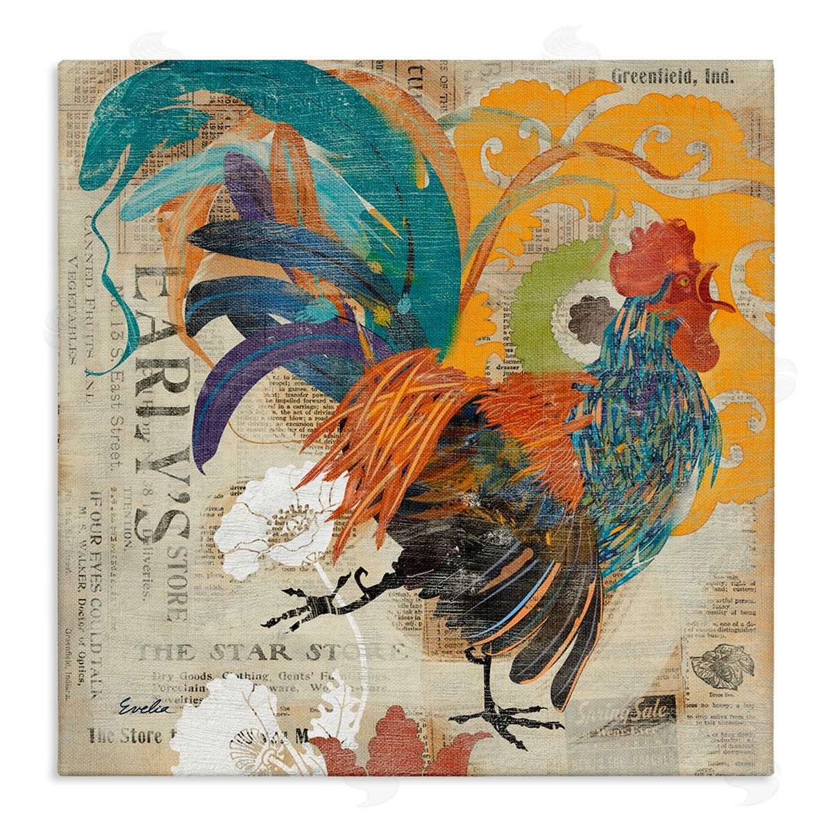 Evelia Designs Country Rooster Vintage Collage Stretched Canvas Wall Art Print