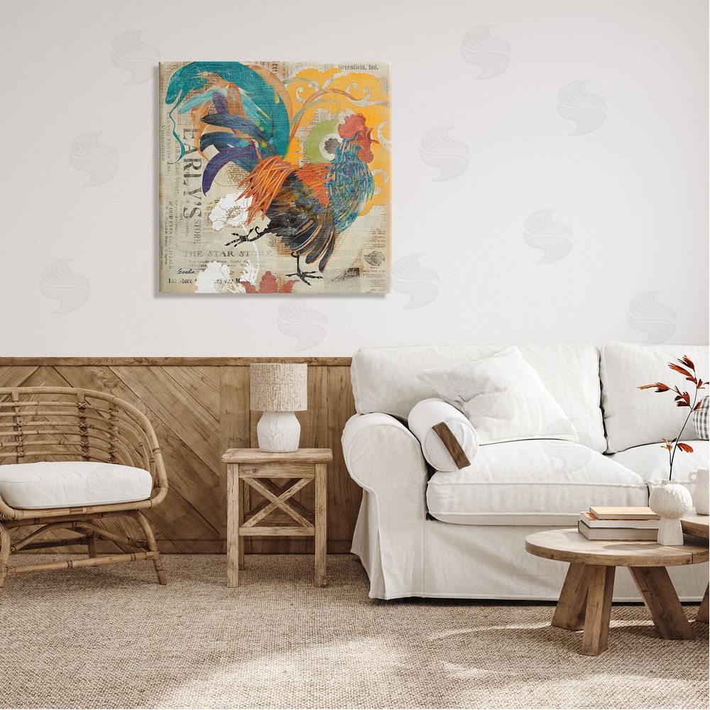 Evelia Designs Country Rooster Vintage Collage Canvas Wall Art in Room