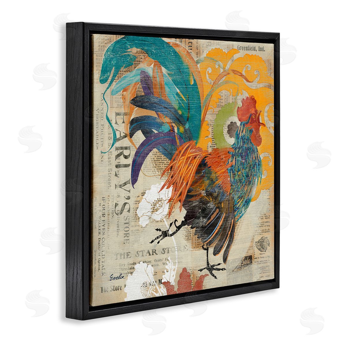 Evelia Designs Country Rooster Vintage Collage Black Floating Frame Canvas Wall Art Print