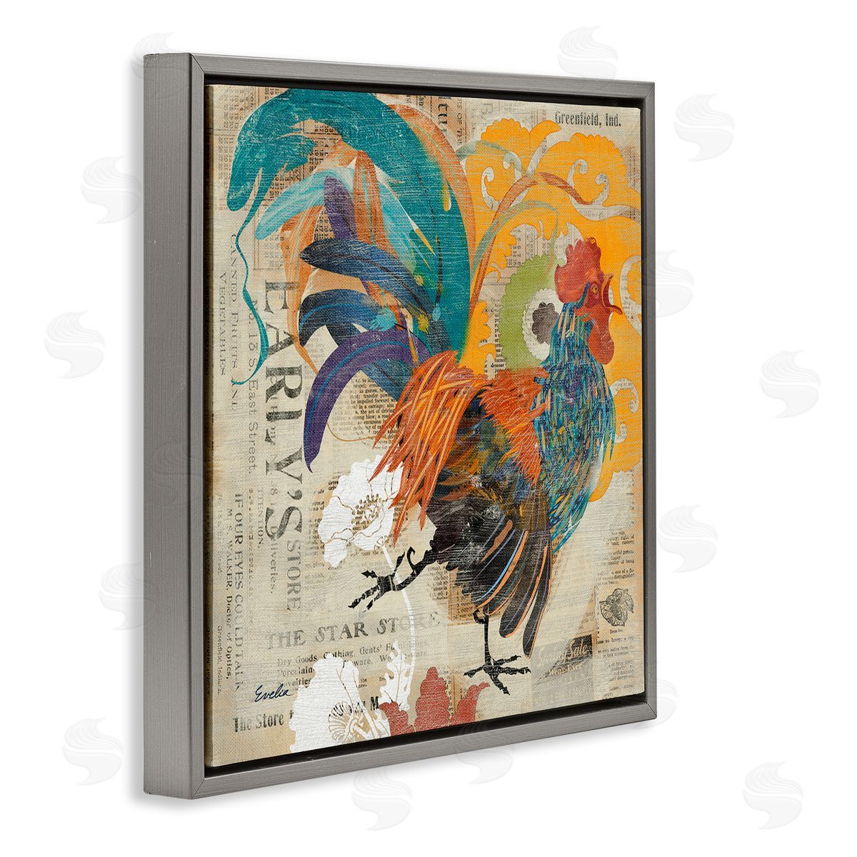 Evelia Designs Country Rooster Vintage Collage Gray Floating Frame Canvas Wall Art Print