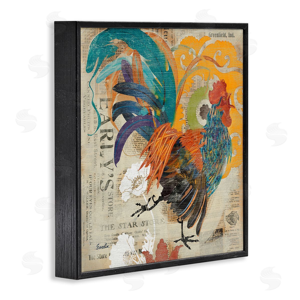 Evelia Designs Country Rooster Vintage Collage Black Framed Glicee Wall Art Print