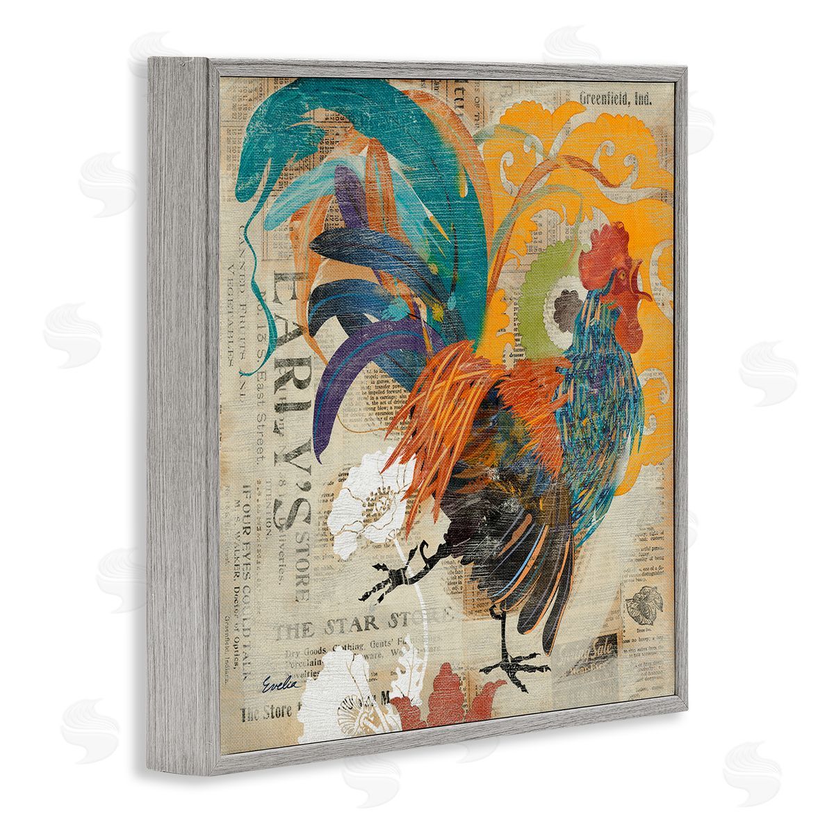 Evelia Designs Country Rooster Vintage Collage Gray Framed Glicee Wall Art Print