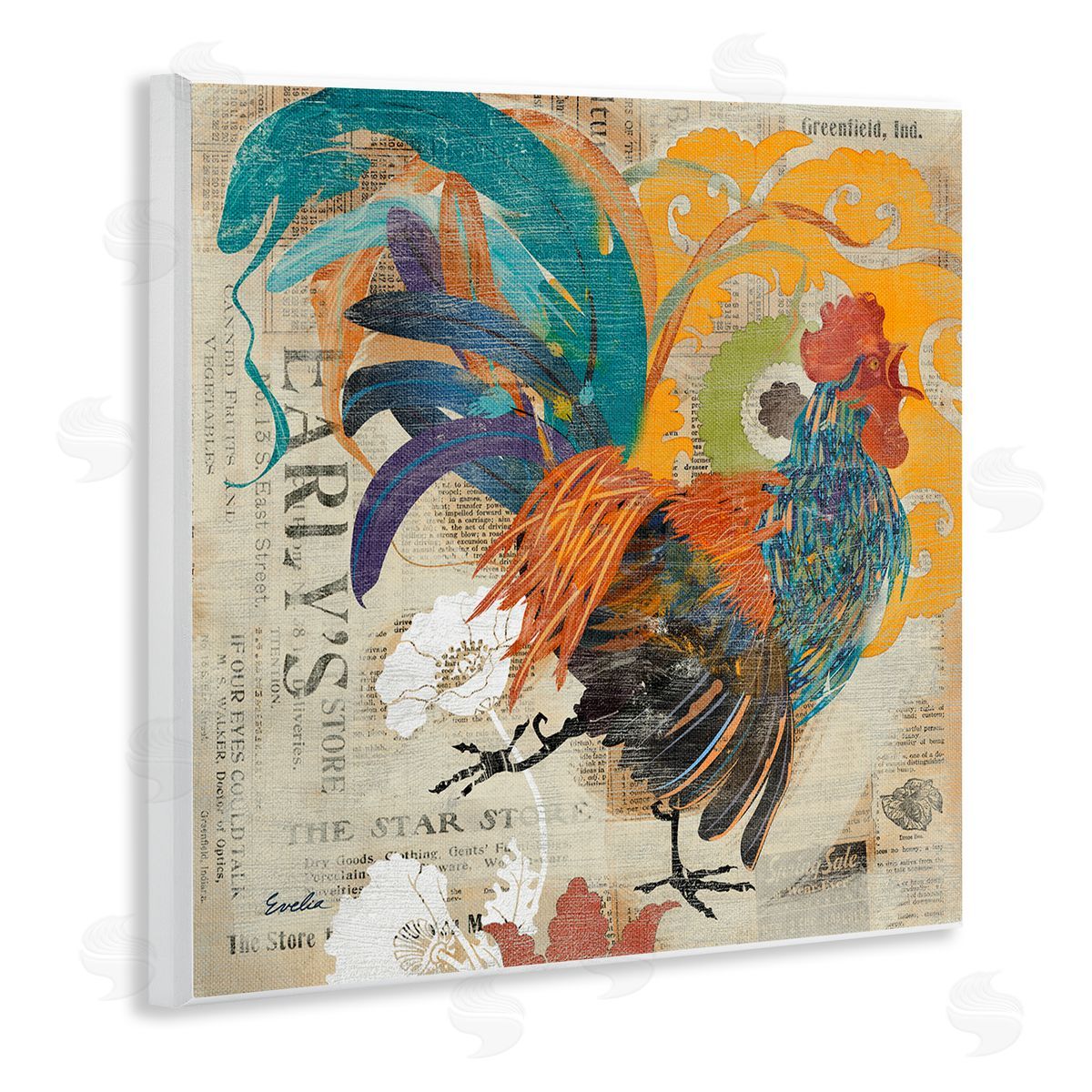 Evelia Designs Country Rooster Vintage Collage Wooden Wall Plaque Art Print