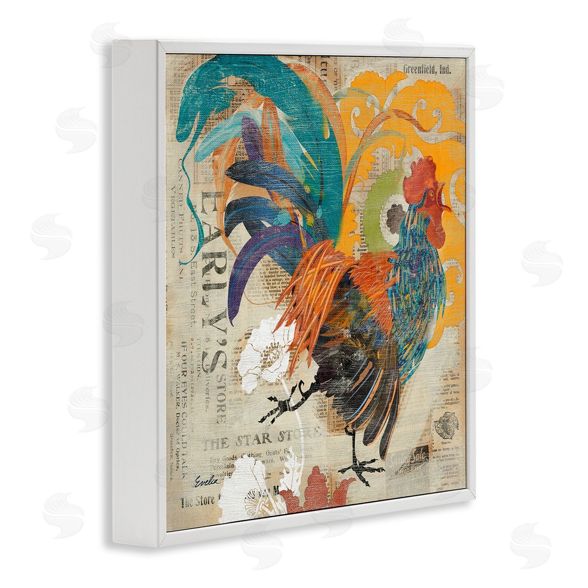 Evelia Designs Country Rooster Vintage Collage White Framed Glicee Wall Art Print