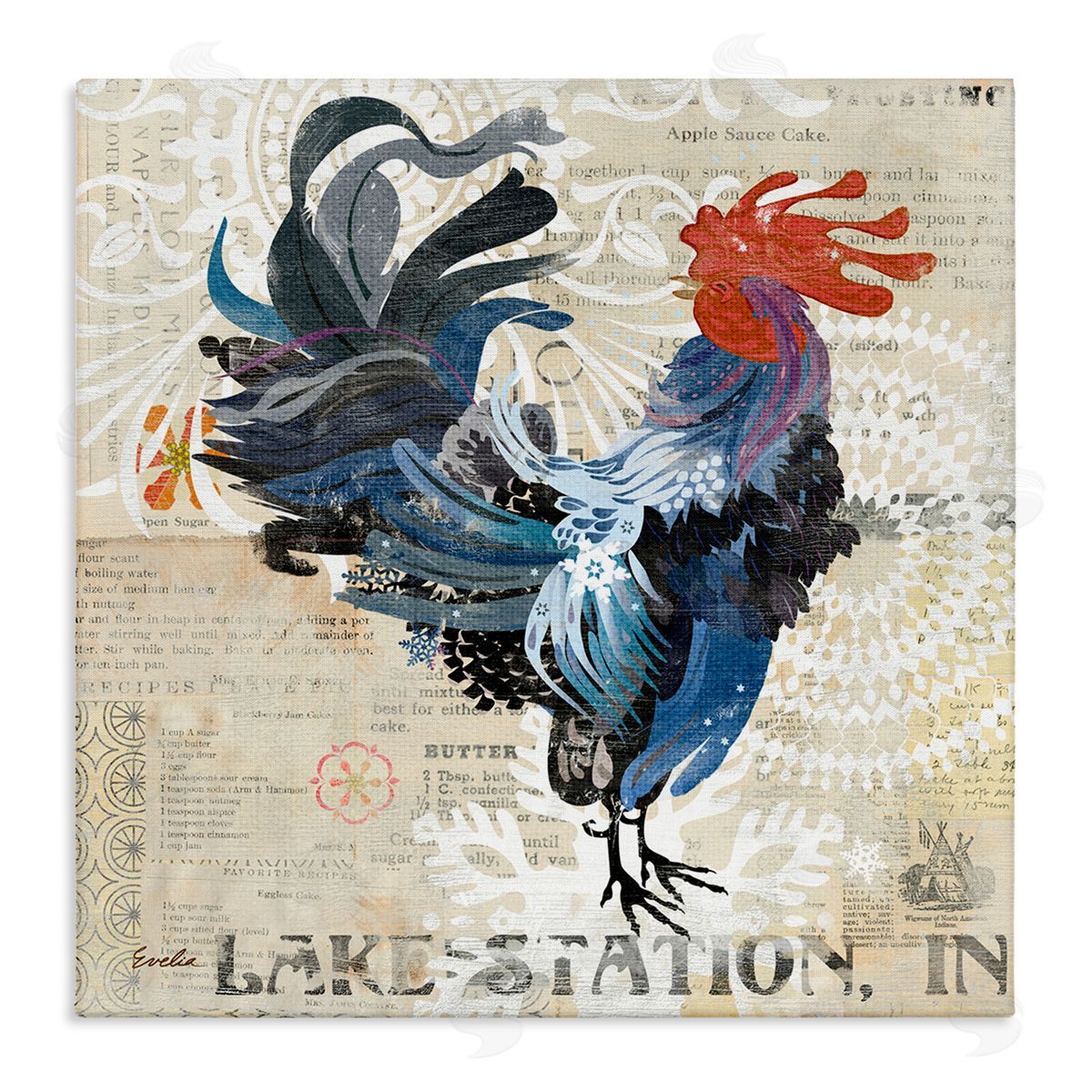 Evelia Designs Retro Rooster Farmhouse Kitchen Stretched Canvas Wall Art Print