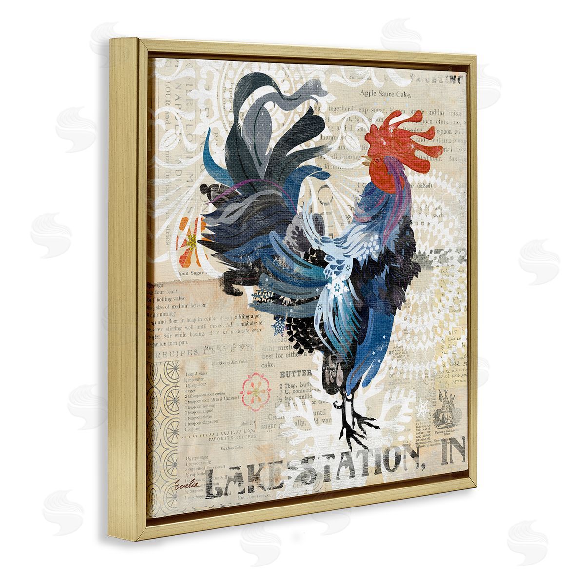 Evelia Designs Retro Rooster Farmhouse Kitchen Gold Floating Frame Canvas Wall Art Print