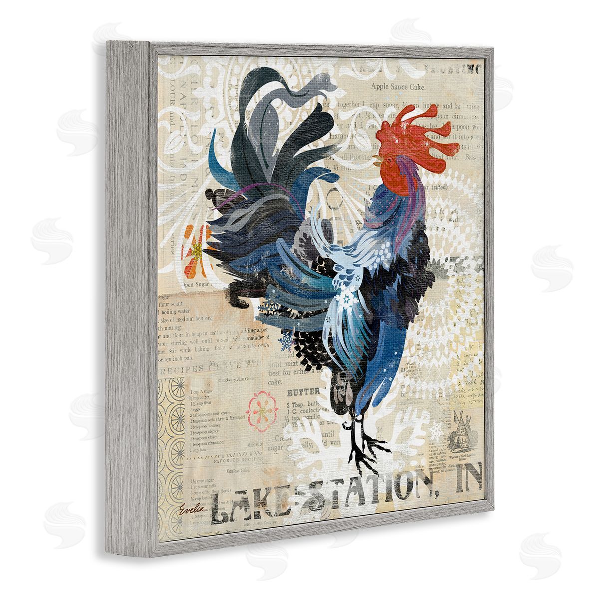 Evelia Designs Retro Rooster Farmhouse Kitchen Gray Framed Glicee Wall Art Print