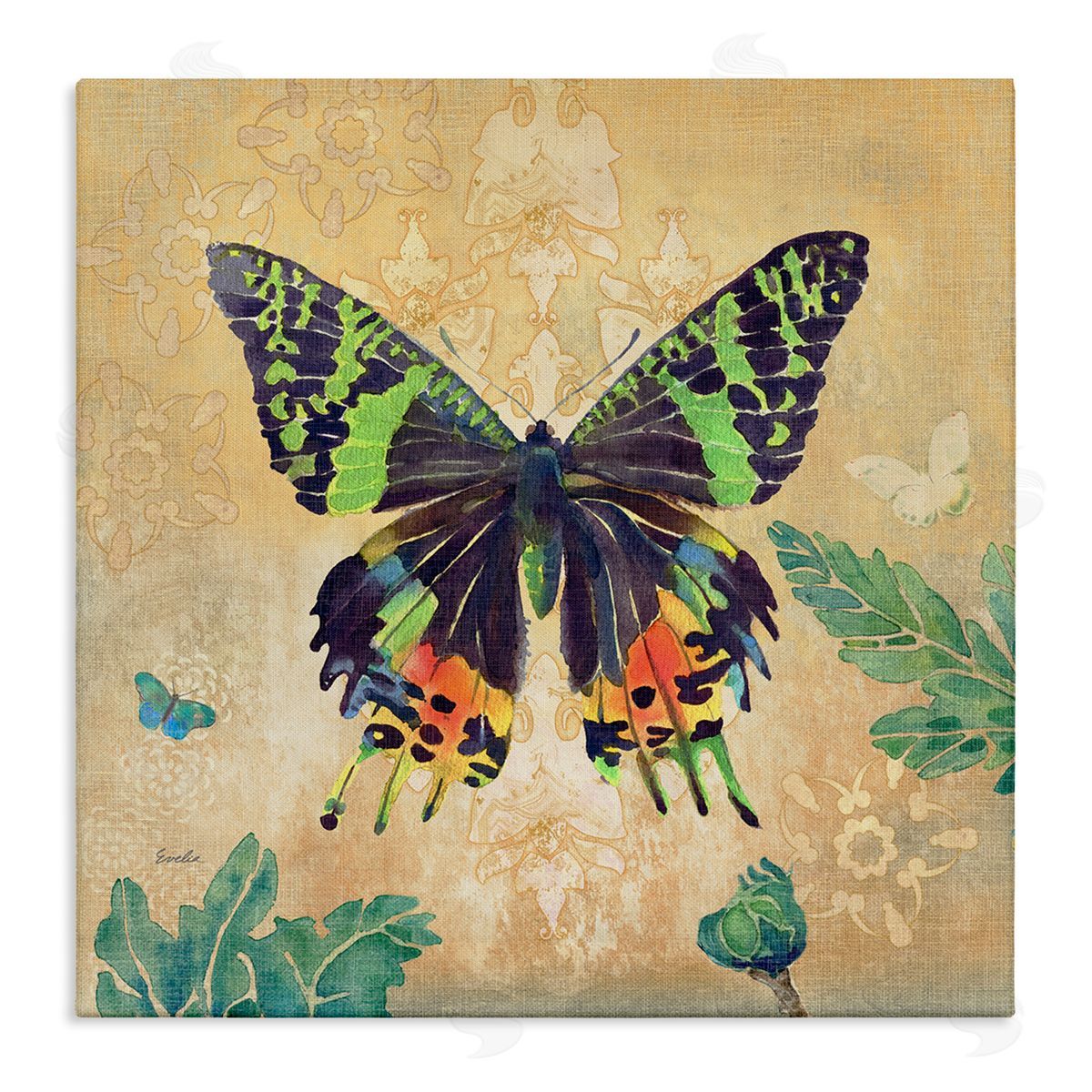 Evelia Designs Floral Butterfly Vintage Pattern Stretched Canvas Wall Art Print