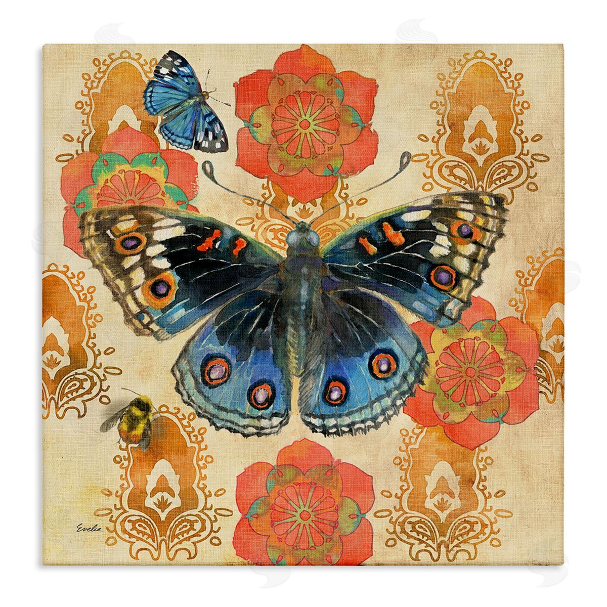 Evelia Designs Butterfly Damask Floral Shapes Stretched Canvas Wall Art Print
