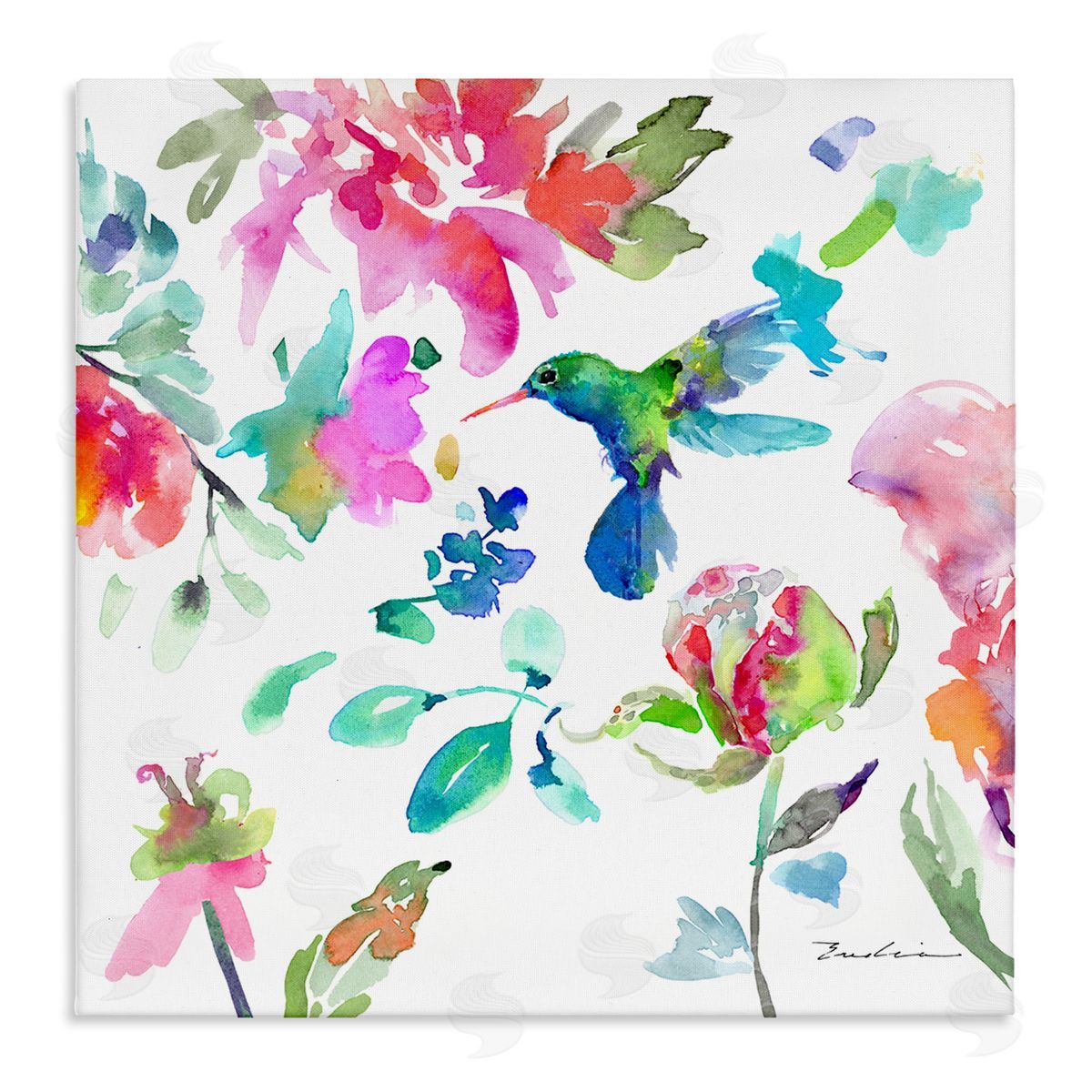 Evelia Designs Hummingbird Vivid Tree Blossoms Stretched Canvas Wall Art Print