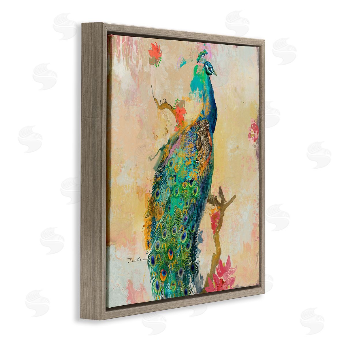 Evelia Designs Modern Peacock Cherry Blossoms Brown Floating Frame Canvas Wall Art Print